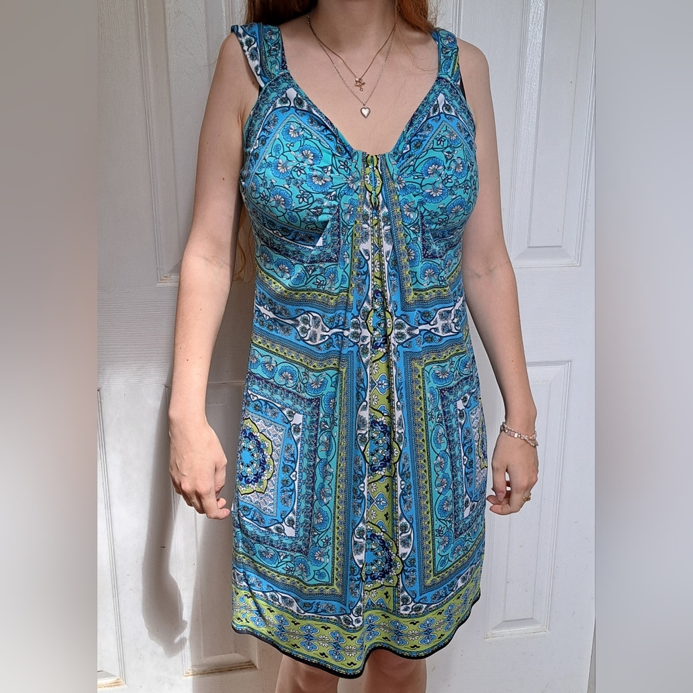 London Times Blue White Green Patterned Stretch Knit Flattering Midi Dress - Picture 2 of 5
